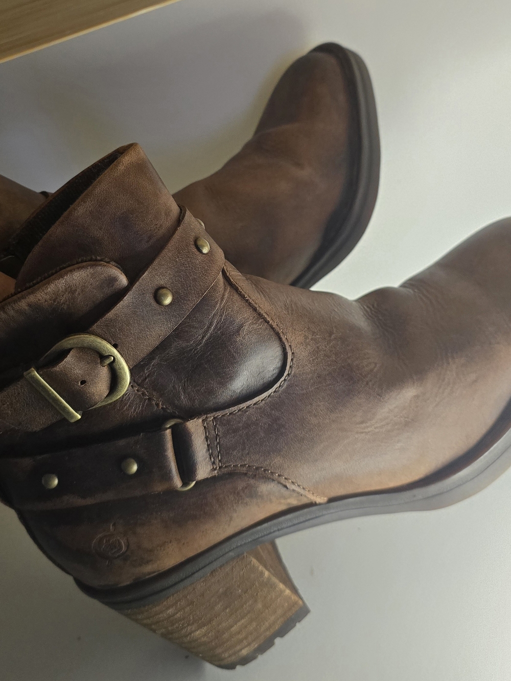 Born Brown Womens,Leather Buckle Heeled Ankle Boots .